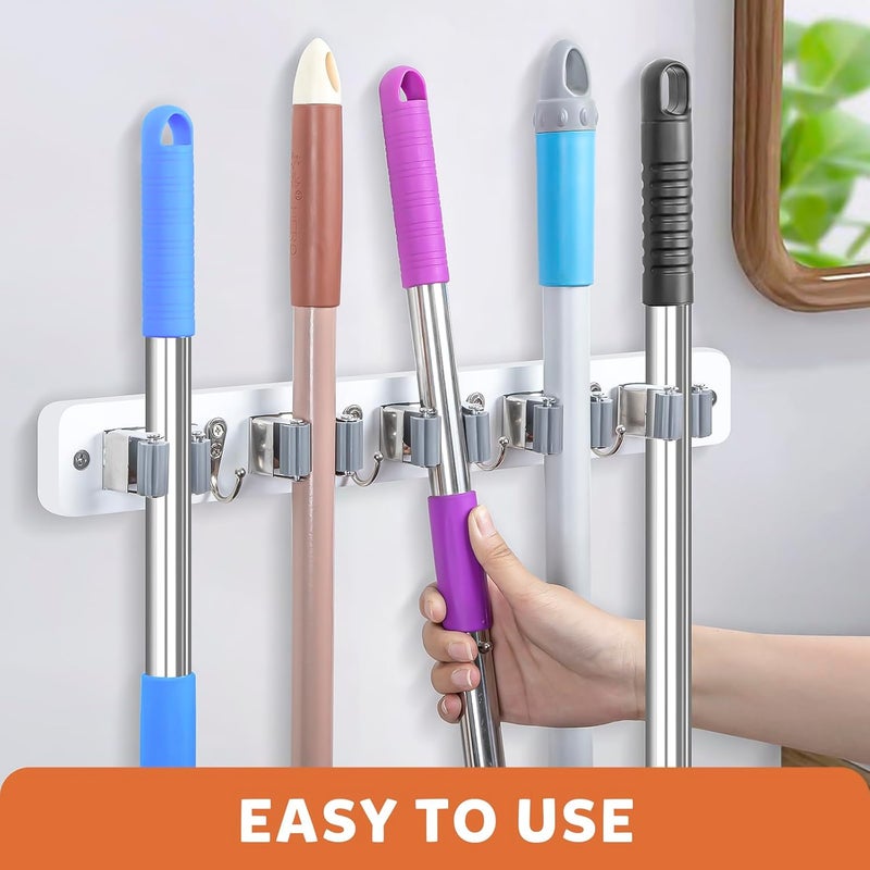 IMILLET Broom Holder Wall Mount, Wood Broom Holder with 5 Racks and 4 Hooks Broom Organizer, Laundry Room Organization and Storage, Mop Hanger for Home Organization, Garden, Garage, Closet (White) - Image 3